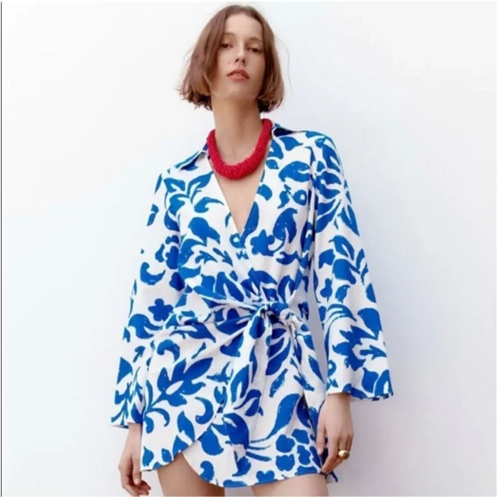 Zara Women’s Floral Print Wrap Mini Dress Long Sleeve Size M